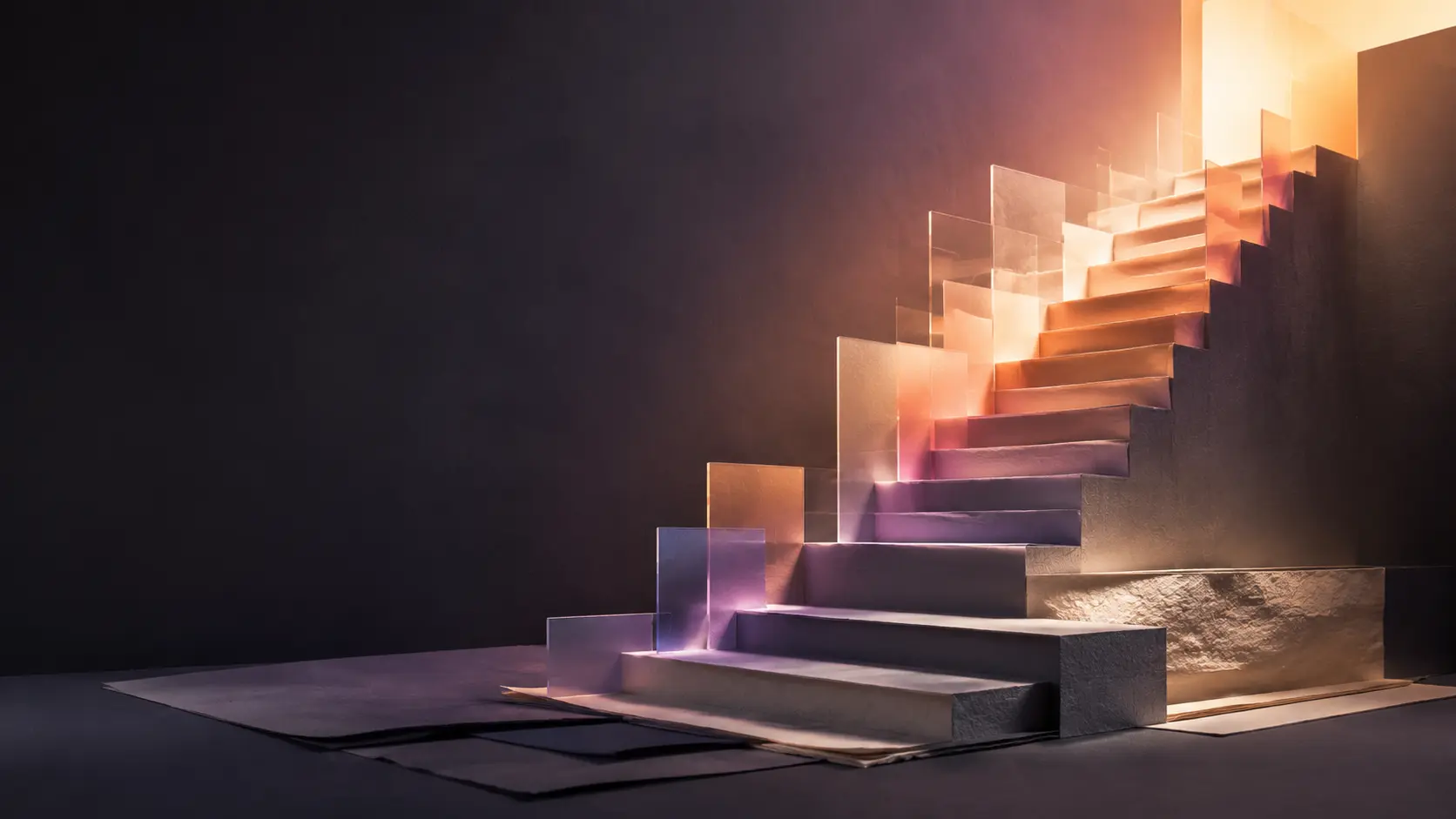 Une maquette architecturale lumineuse s’élève progressivement vers une ouverture