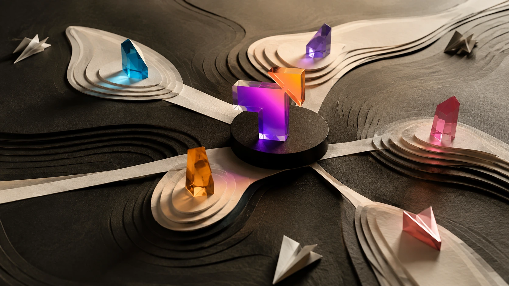 Une cartographie stratégique sculpturale organise plusieurs leviers autour du cœur de l’entreprise