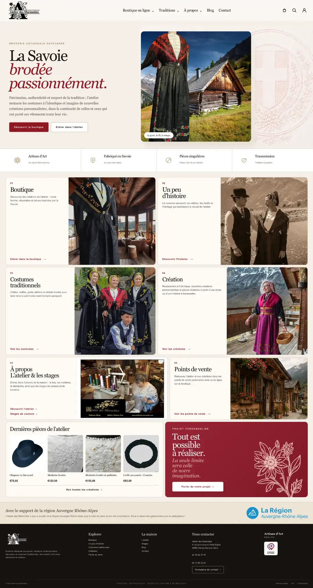 Page d’accueil de l’Atelier des Marmottes, broderie artisanale savoyarde