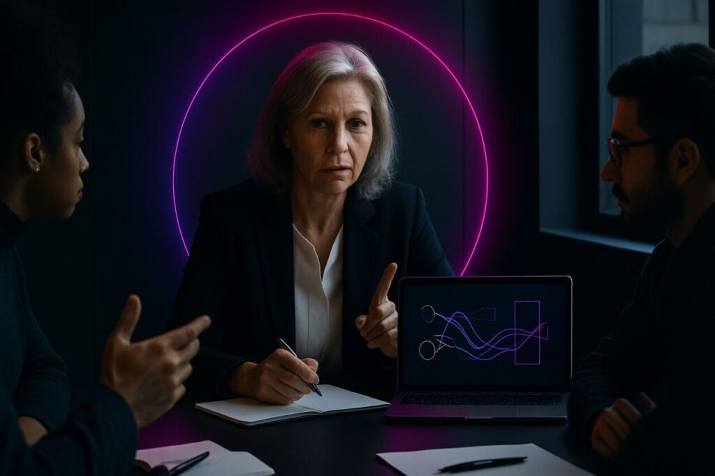 Un dirigeant expérimenté discute avec son équipe autour d’un ordinateur portable pour cadrer un projet d’intelligence artificielle dans une PME.
