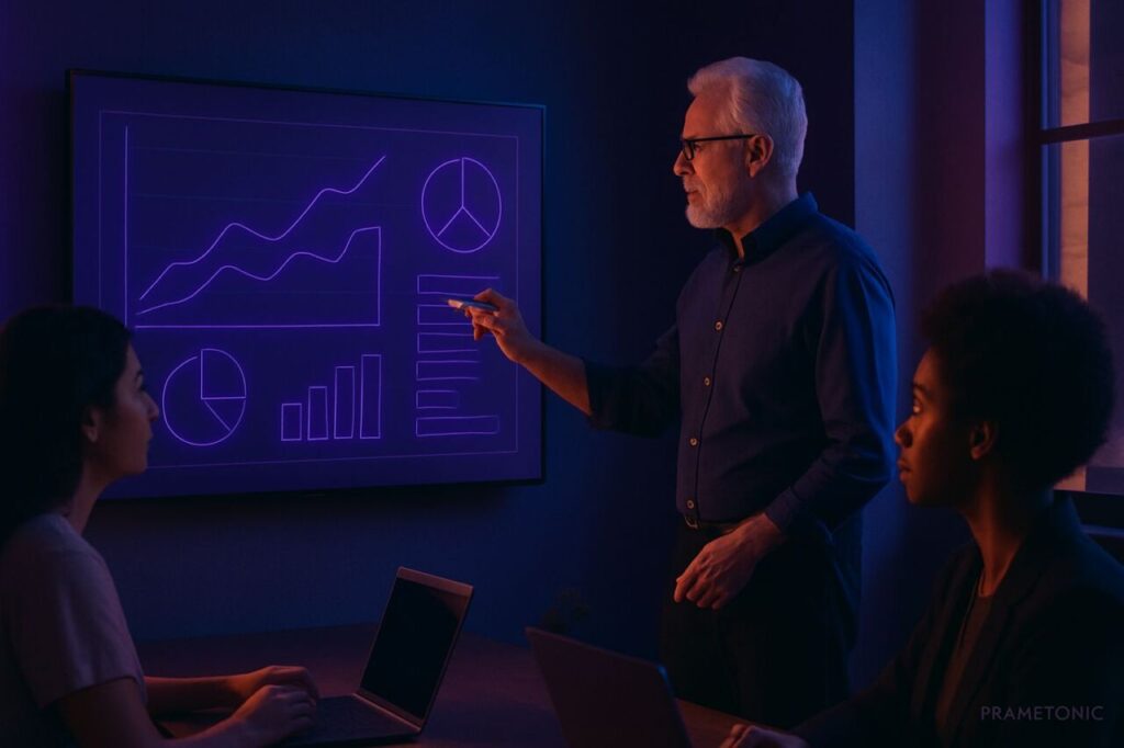 SMB workshop scene with an experienced manager structuring an AI use case in front of her team.