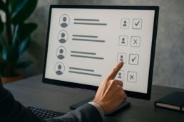 Responsable marketing examinant une liste d’actions proposées par un agent IA sur un écran, prêt à approuver ou refuser.