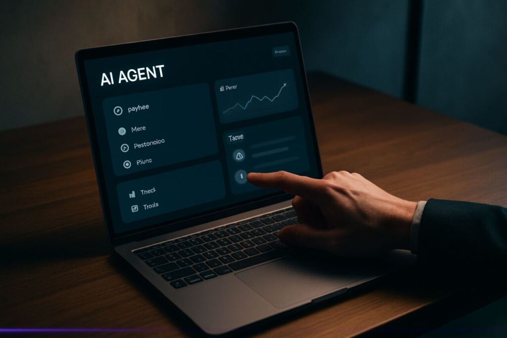 Overhead view of a dashboard showing actions proposed by an AI agent and risk indicators, on a digital manager’s computer.