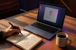Carnet de réflexion avec schémas, stylo et ordinateur affichant un assistant IA en arrière‑plan sur un bureau de direction.