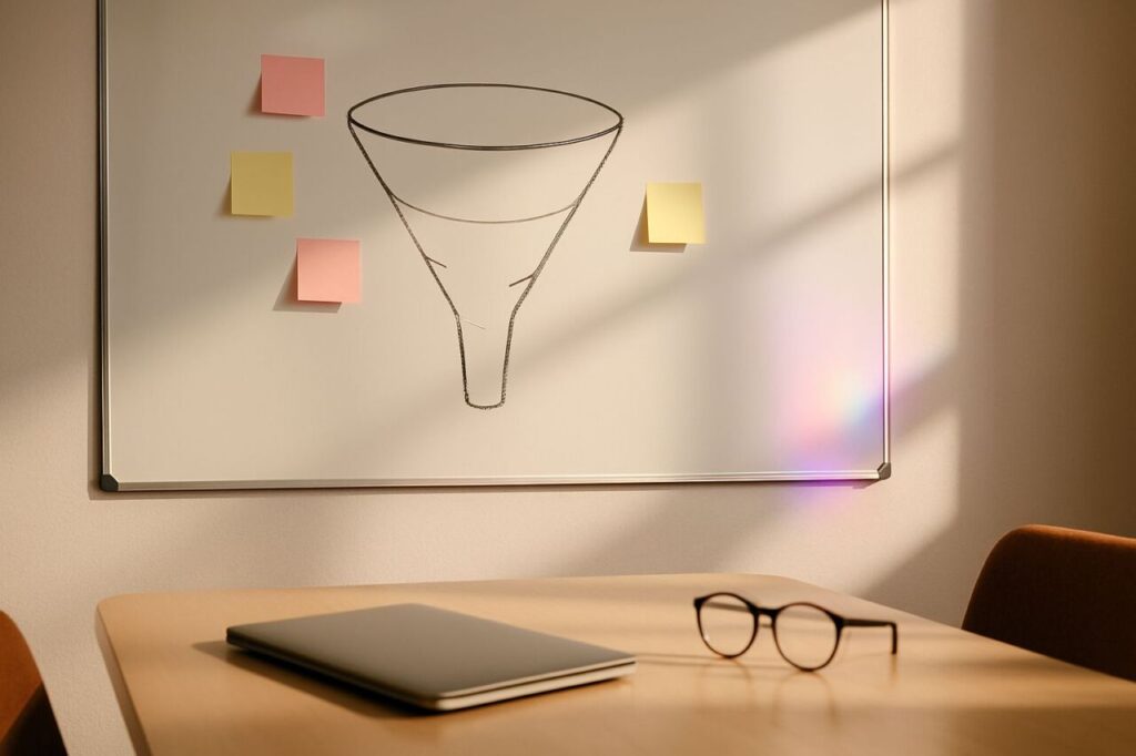 Whiteboard with diagrams of a customer journey and meeting accessories in a bright room.