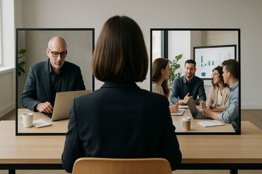 Dirigeant de PME comparant l’option consultant marketing freelance et l’option agence lors d’une réunion de travail.