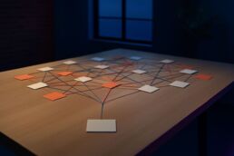 Réseau de fils colorés reliant des cartes de tâches sur une table de bureau, illustrant la complexité des workflows face à une alternative simplifiée.