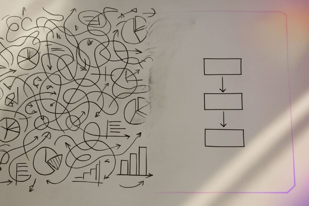 Whiteboard with complex diagrams on the left and a streamlined flow on the right, illustrating process simplification.