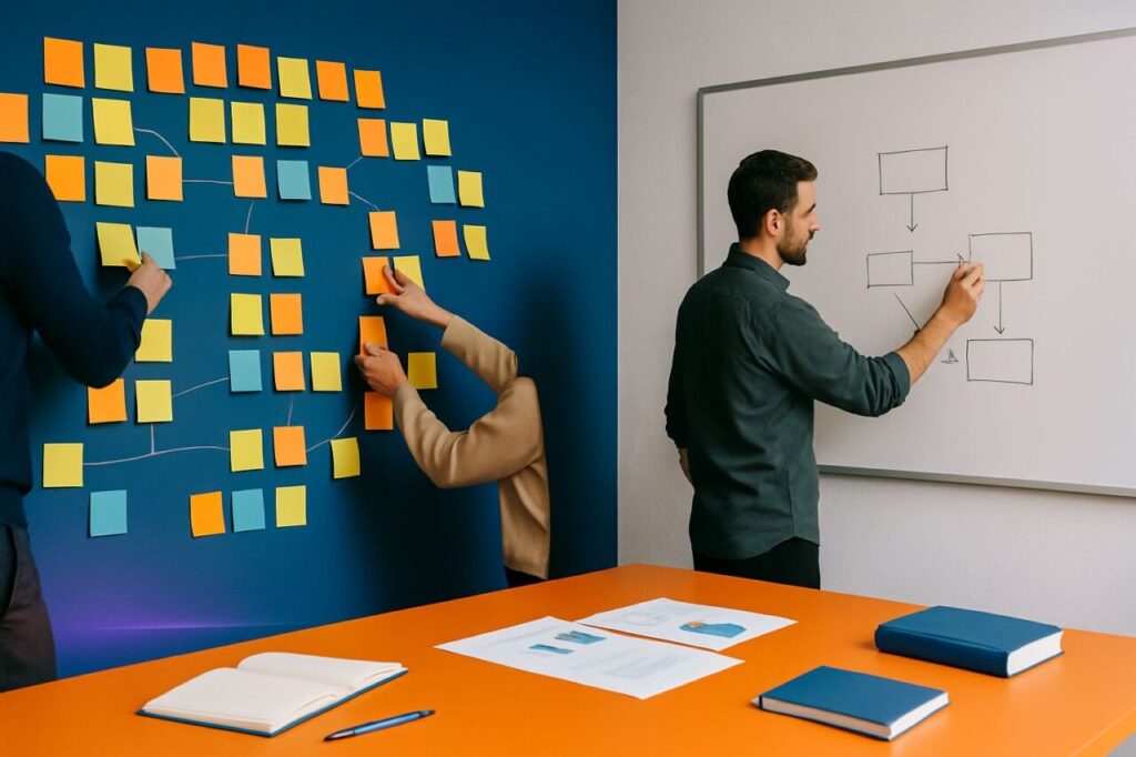 Équipe dans un bureau de PME retirant des post‑its d’un mur pour simplifier un processus avant automatisation.