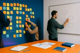 Équipe dans un bureau de PME retirant des post‑its d’un mur pour simplifier un processus avant automatisation.