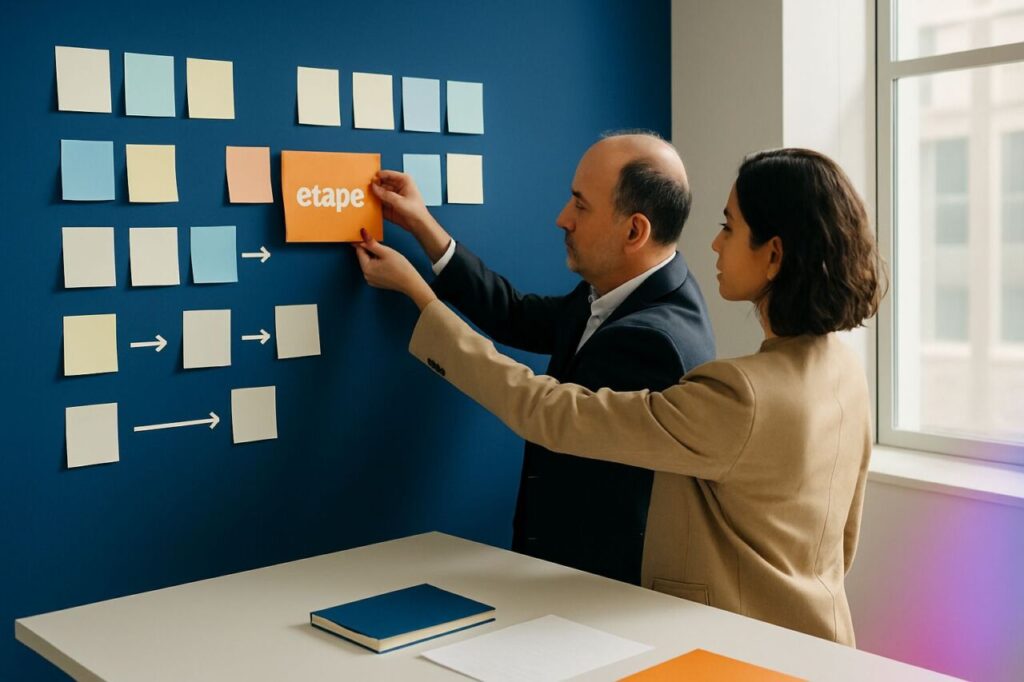 Deux personnes en PME démontent un workflow sur un mur de post-it pour supprimer une étape inutile avant d’automatiser.