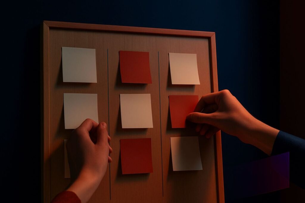 Hands moving sticky notes on a Kanban board to map a process.