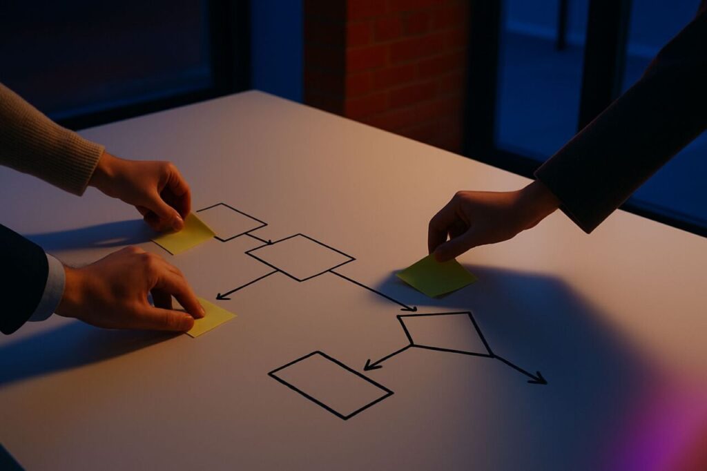 Hands removing sticky notes on a process diagram to simplify a workflow before automation.
