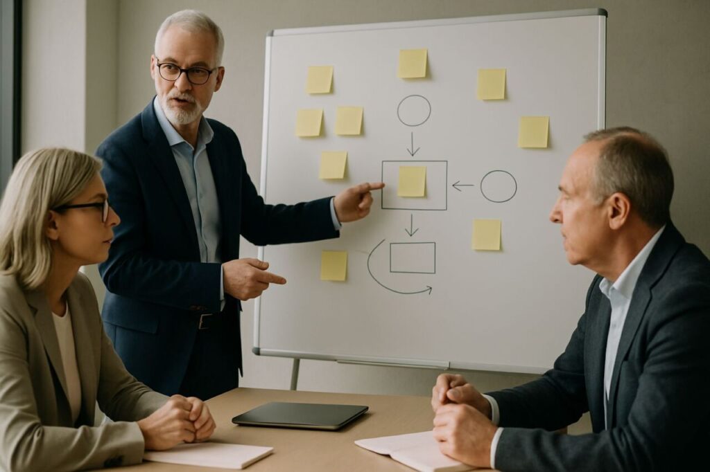 Consultant senior animant un atelier de stratégie marketing avec des dirigeants de PME devant un tableau blanc, post‑it et schémas, lumière naturelle.