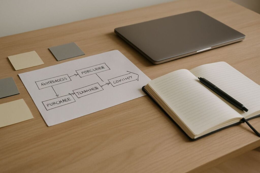 Top-down view of a meeting table with sticky notes, an open notebook, and a sketched customer journey during a strategy workshop.