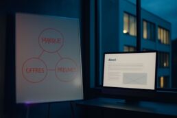 Consultant marketing cartographiant les entités d’une PME au tableau blanc à côté d’un site affichant une page À propos structurée.