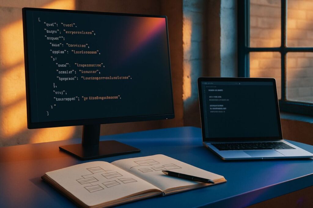 Desk showing Organization markup and an open robots.txt on screen, with an information architecture sketch.