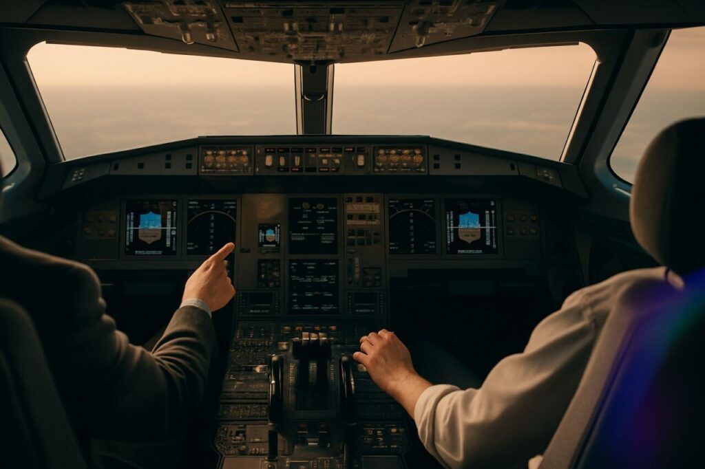 Two people in a cockpit running through a checklist—a visual metaphor for AI’s copilot role.