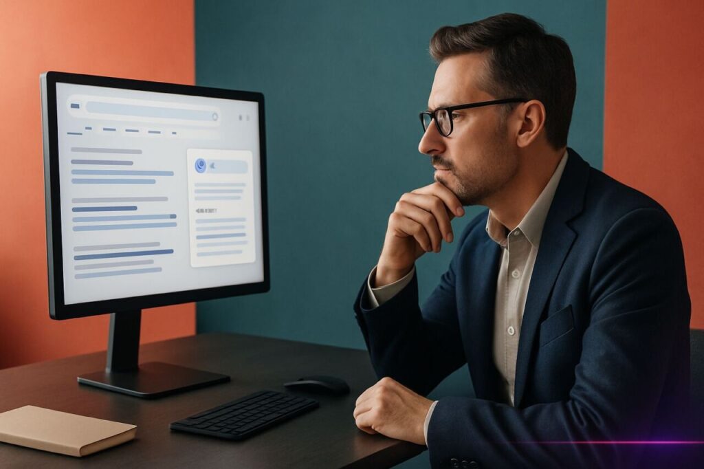 Dirigeant de PME observant à l’écran un résultat de recherche avec un encadré IA et des citations de sources.