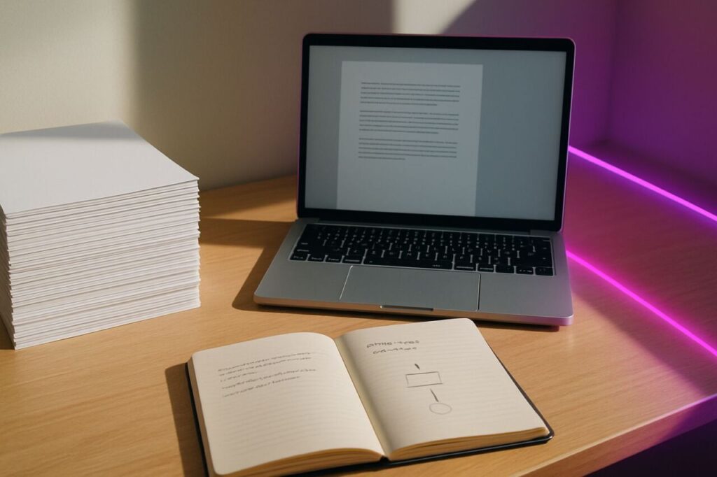 Sur un bureau, une pile de feuilles quasi vides contraste avec un cahier de notes structuré et un ordinateur portable, symbole d’une production IA sans angle face à une pensée claire.