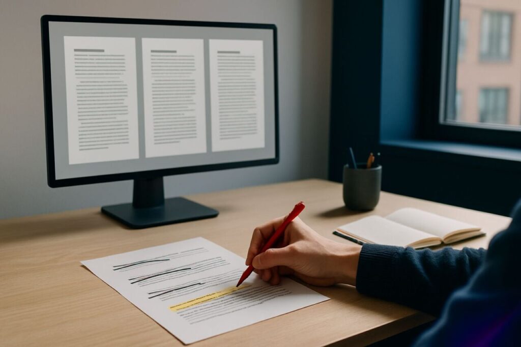 Un bureau de travail contemporain avec des brouillons d’articles similaires à l’écran et une main qui annote un plan éditorial pour dégager un angle clair.