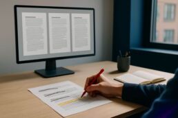 Un bureau de travail contemporain avec des brouillons d’articles similaires à l’écran et une main qui annote un plan éditorial pour dégager un angle clair.