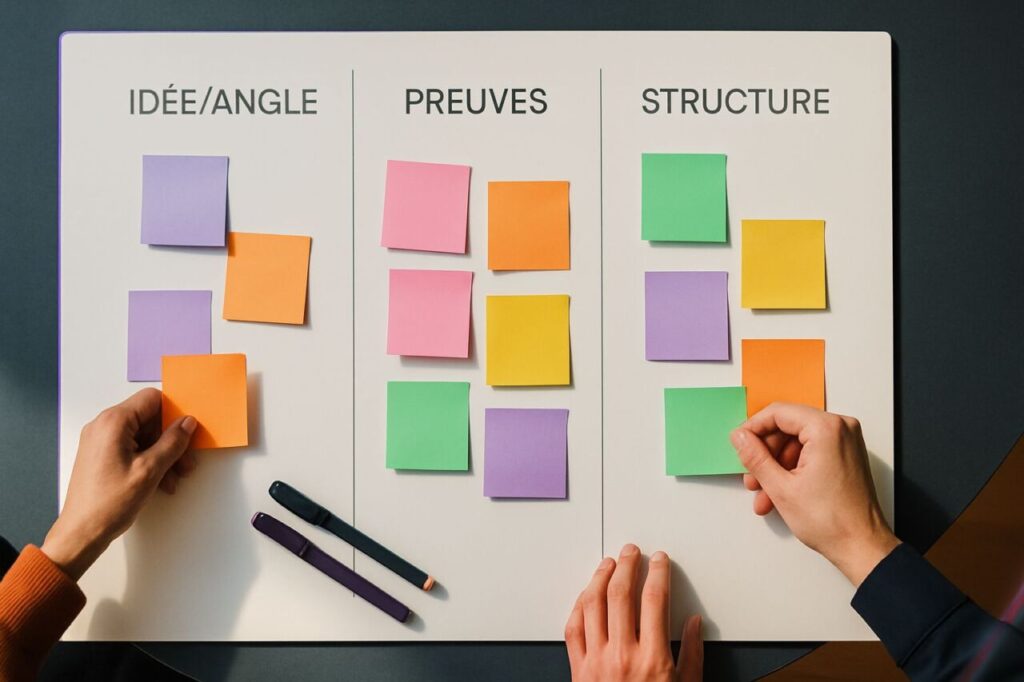 A whiteboard organized in columns to clarify the angle, evidence, and structure of an article, illustrating an editorial method before using AI.