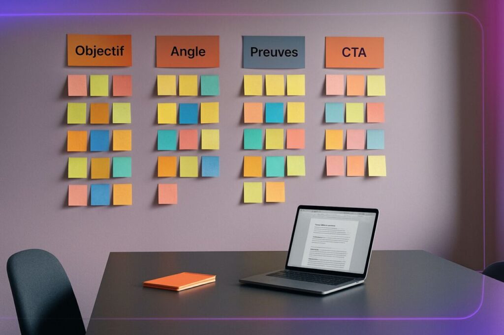 Meeting room with sticky notes organized by objectives, angles, and proof points, illustrating editorial prep before using AI.
