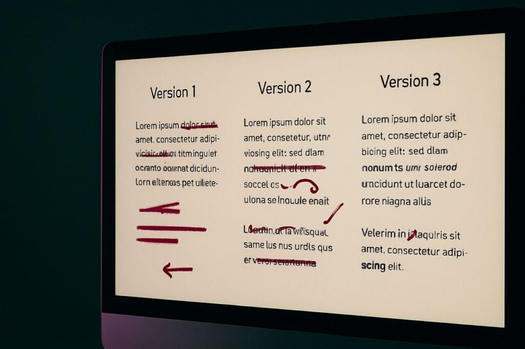 Computer screen showing paragraph variants with revision notes to strengthen clarity and value.