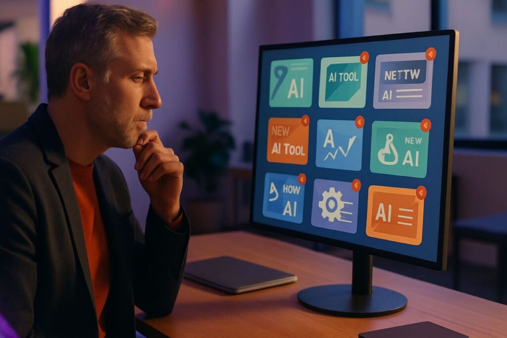 Dirigeant face à un écran rempli de notifications et d’onglets, hésitant à tester un nouveau logiciel d’intelligence artificielle.