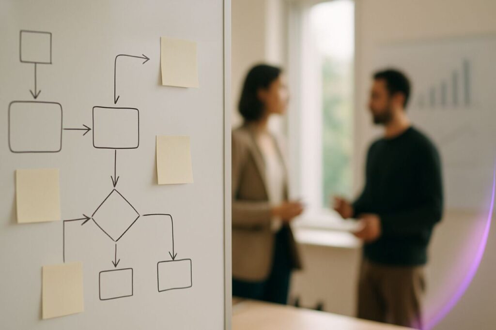 Tableau blanc détaillant un cadre d’expérimentation marketing, avec une équipe de PME en arrière-plan dans un bureau moderne.