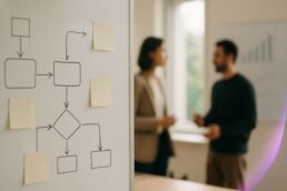 Tableau blanc détaillant un cadre d’expérimentation marketing, avec une équipe de PME en arrière-plan dans un bureau moderne.