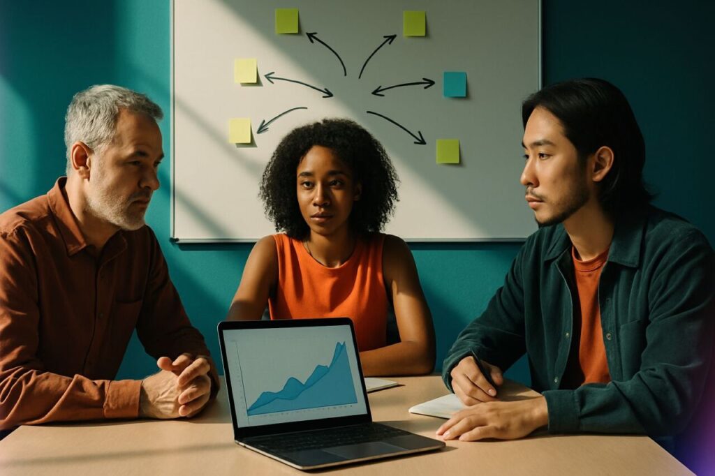 SMB team gathered around a laptop and a whiteboard to plan growth tests.