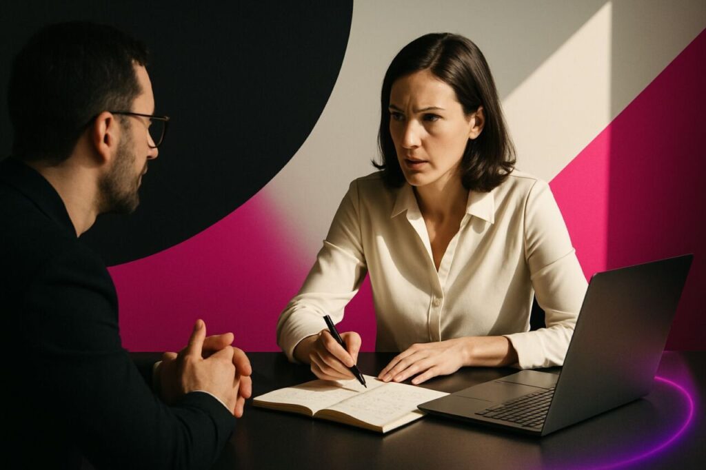 Une dirigeante de PME échange avec un client dans une salle de réunion lumineuse, documents et ordinateur portable ouverts, illustrant la confiance et le jugement humain à l’ère de l’IA.