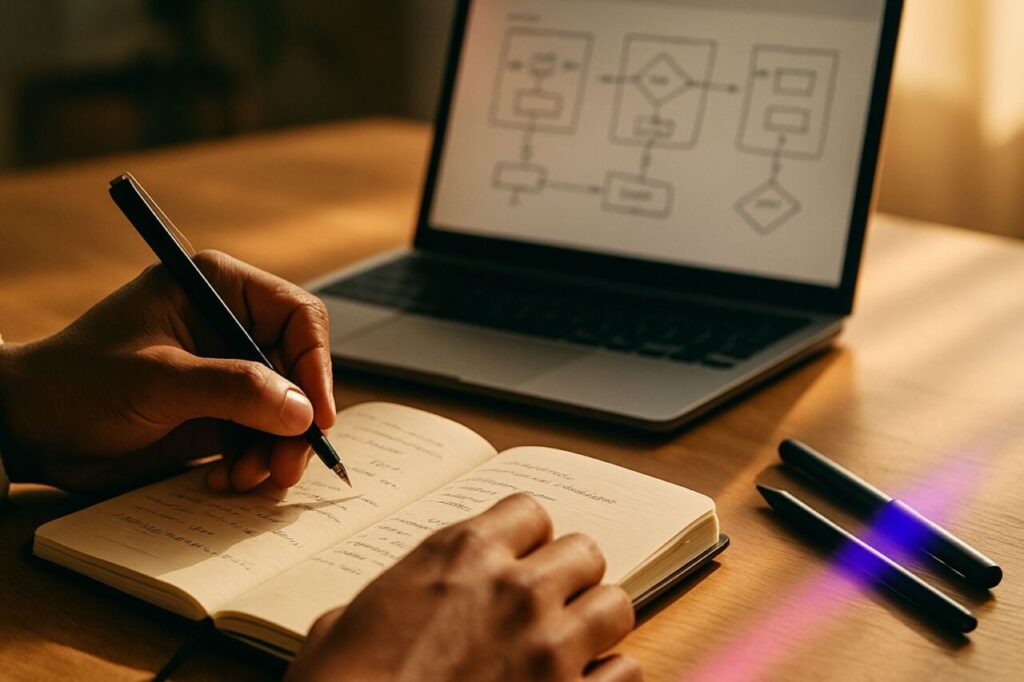 Hands writing in a notebook next to a computer during a work meeting—focus on human attention and judgment.
