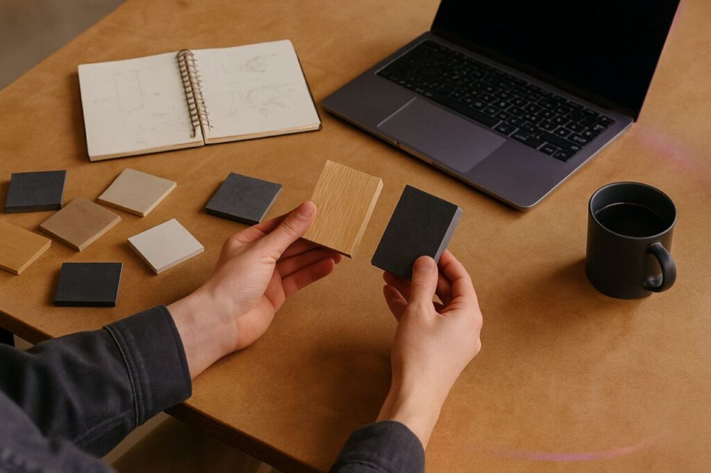 On a workshop table, two people compare prototypes and take notes, symbolizing concrete proof and the client relationship.