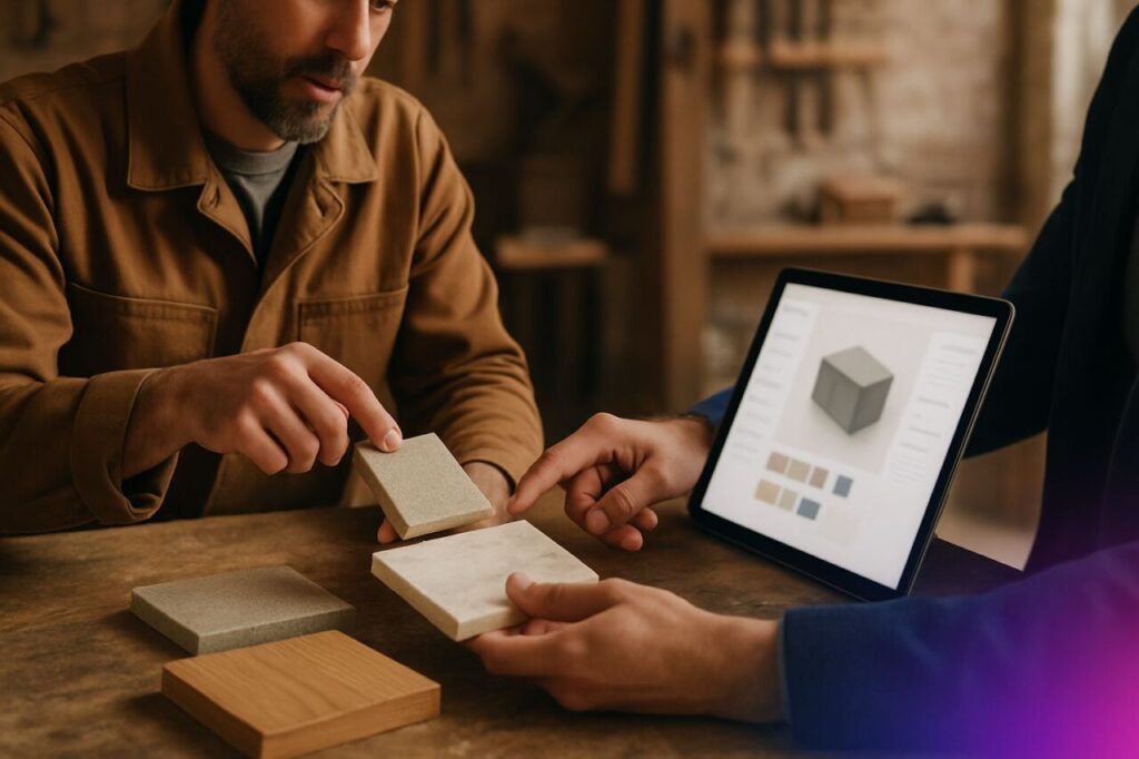 A craftsperson and a customer compare materials at a counter with a tablet—illustrating the alliance between human advice and digital tools.