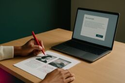 Main d’un dirigeant annotant des sorties d’IA imprimées, ordinateur ouvert sur un outil de génération de texte, ambiance de bureau sobre et contemporaine.