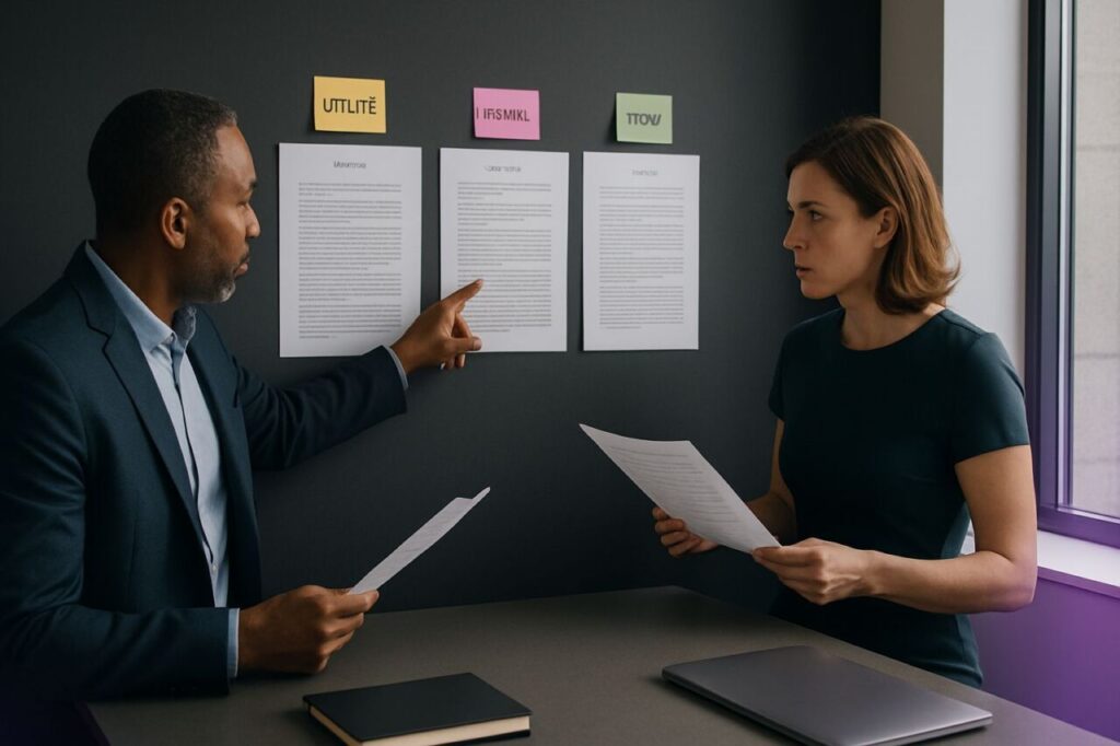 Two SMB managers compare AI‑generated content variants on a wall, with sticky notes listing quality criteria.