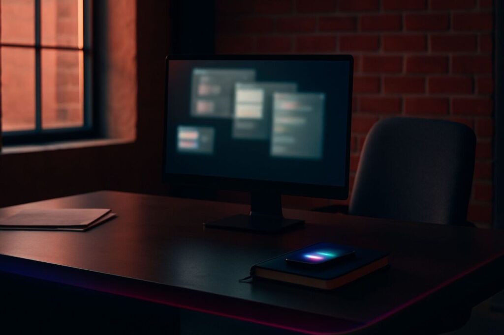 Un dirigeant à son bureau, écran rempli de fenêtres floues et smartphone affichant des notifications, illustrant la surcharge d’informations autour de l’IA.