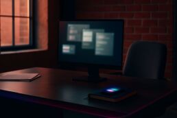 Un dirigeant à son bureau, écran rempli de fenêtres floues et smartphone affichant des notifications, illustrant la surcharge d’informations autour de l’IA.