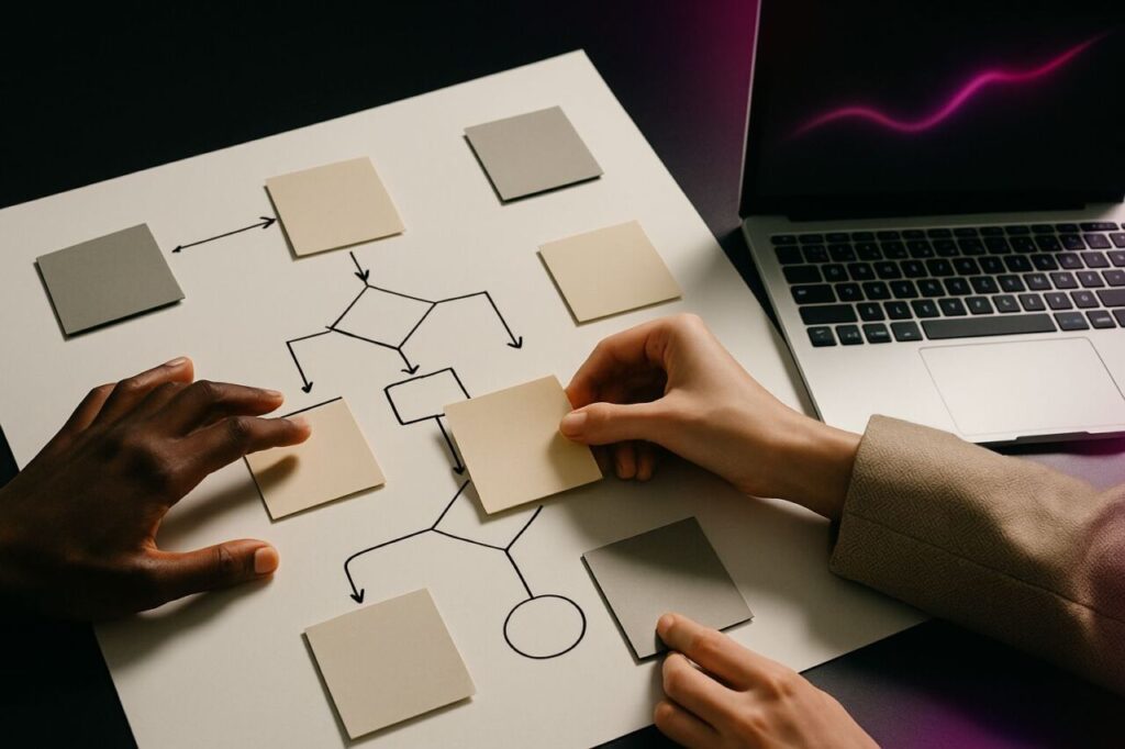 Overhead view of a whiteboard and sticky notes during a team workshop prioritizing AI use cases, with no readable text.
