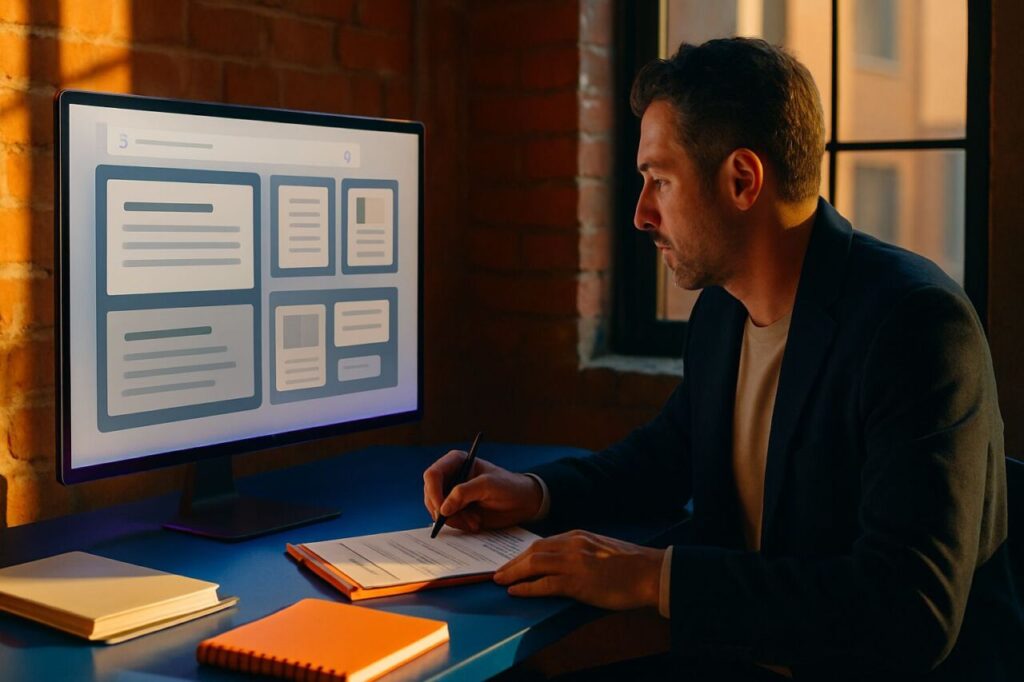 Dirigeant observant un écran affichant une page de recherche mêlant réponses synthétiques et liens sources, ambiance bureau contemporain.