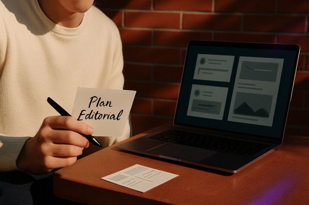 Notebook and laptop showing answer cards and links, symbolizing optimization for AI-driven search engines.