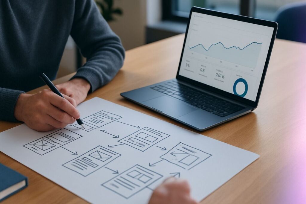 Consultant dessinant une architecture de site et un parcours utilisateur avec un ordinateur affichant des données, illustrant les fondamentaux SEO 2026.