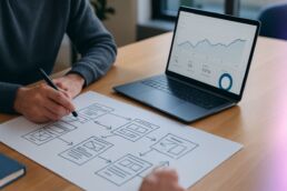 Consultant dessinant une architecture de site et un parcours utilisateur avec un ordinateur affichant des données, illustrant les fondamentaux SEO 2026.