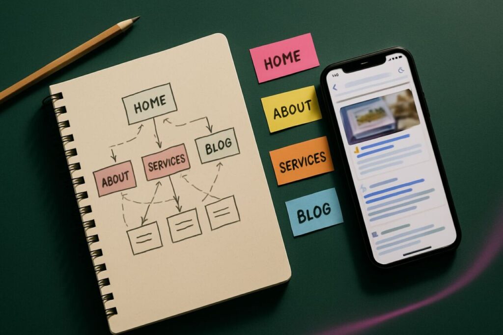 Carnet montrant un schéma de structure de site et de maillage interne, pour illustrer l’importance de la structure en SEO.