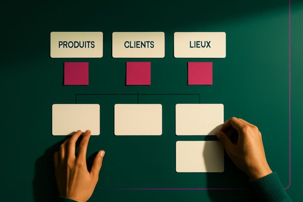 Hands organizing topic cards to build a clear site architecture with entities and internal linking.