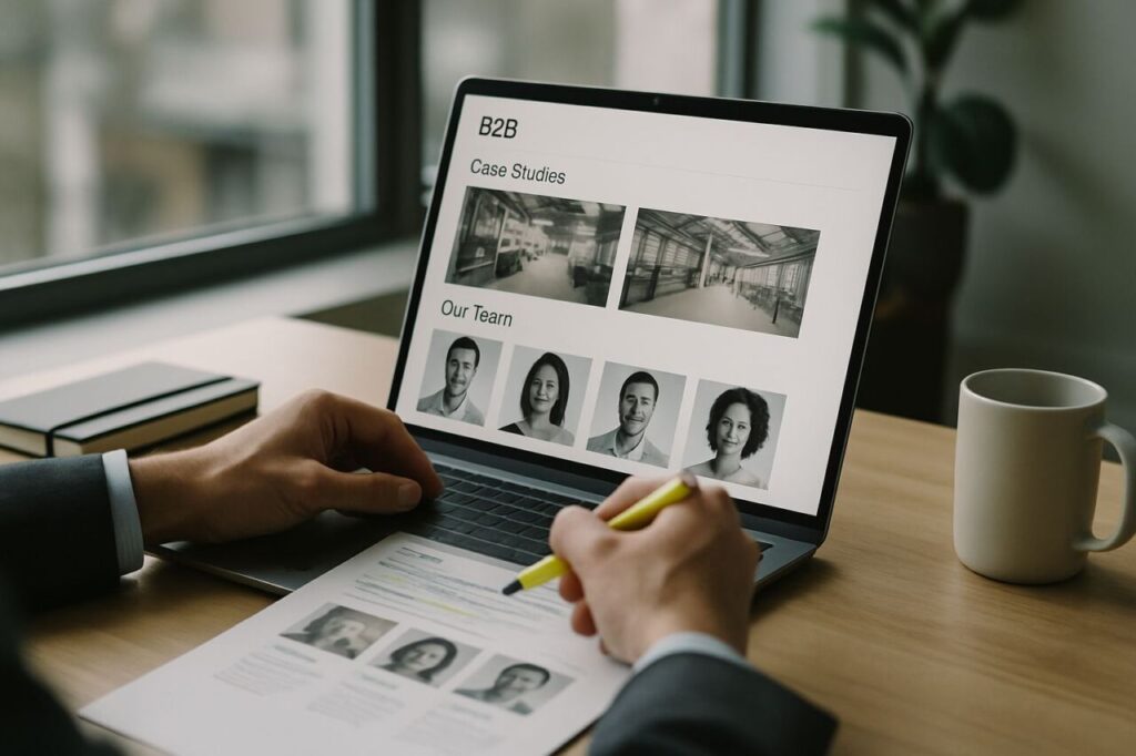 Écran d’un site B2B montrant cas clients, portraits d’équipe et coordonnées dans un bureau contemporain, mains d’un décideur examinant la page.