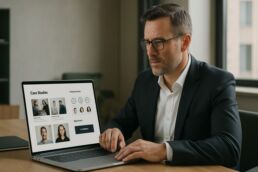 Dirigeant analysant un site B2B avec cas clients, logos de références, portraits d’équipe et coordonnées visibles à l’écran.
